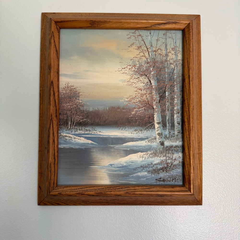 Santini Signed Winter Landscape‎ Oil Painting Birch Trees Framed 8x10 Canvas Art